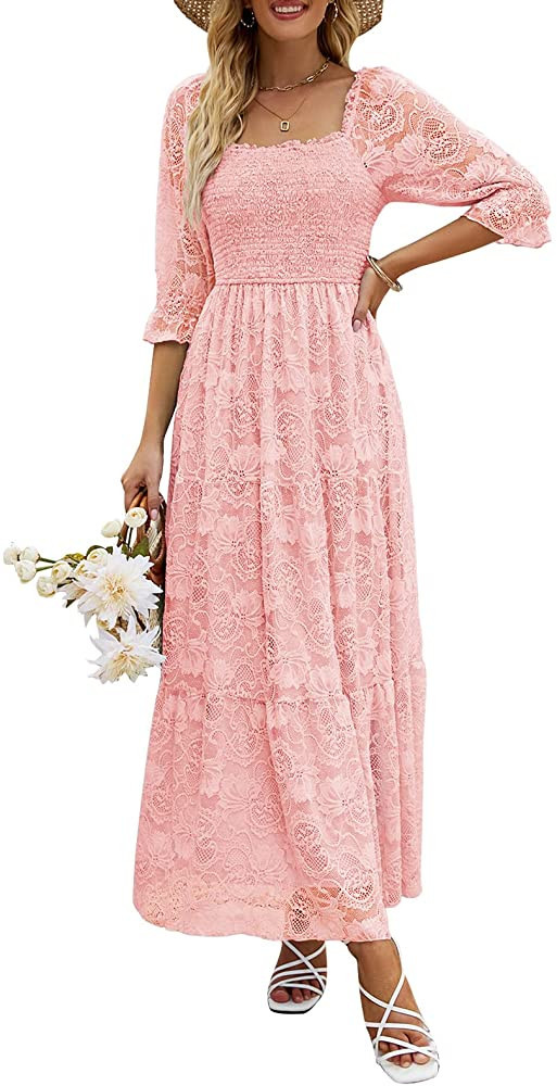 MEROKEETY Women's Square Neck Short Sleeve Floral Lace Wedding Dress Smocked Bridesmaid Party Max... | Amazon (US)