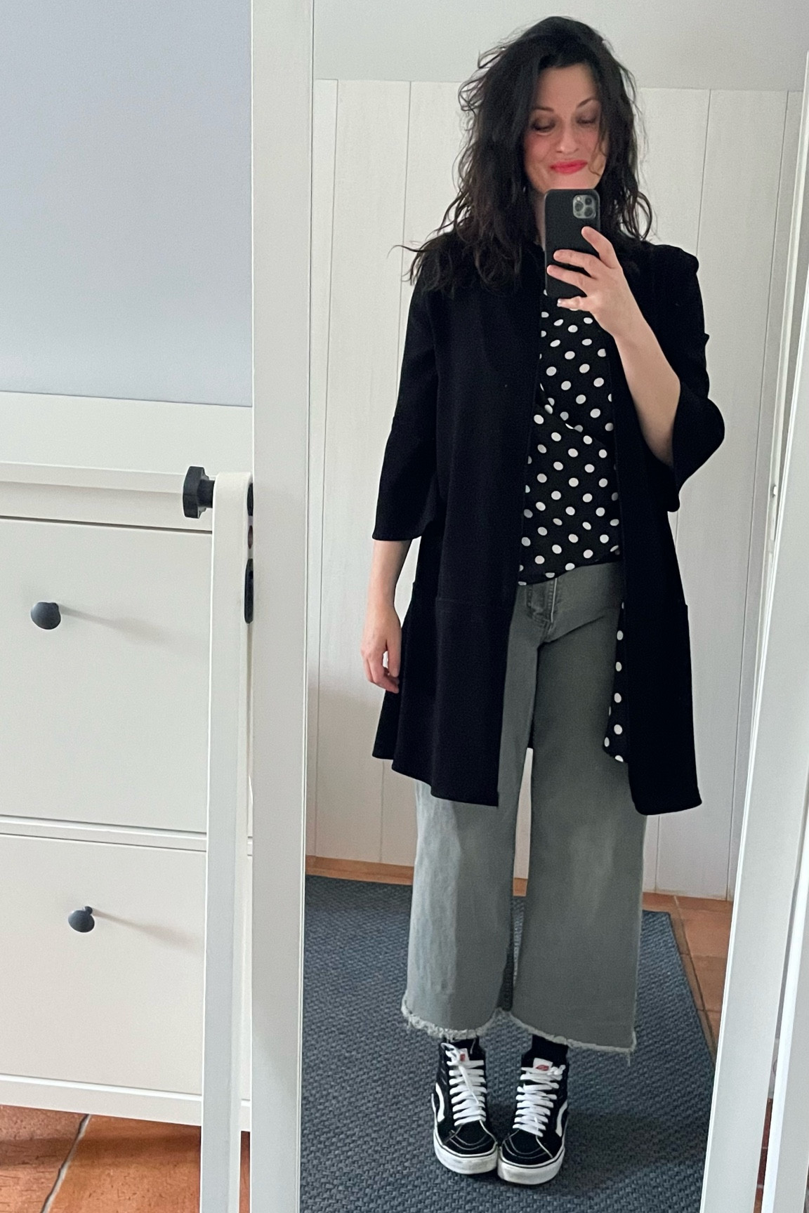 . Black dress customed as a jacket #gerarddarel . Polka dot draped top #belairparis . Khaki barrel jeans #kiabi (similar, linked) . Black suede « Sk8 Hi » high tops #vans (linked) . « Poppy red » lip balm pencil #labello (linked)

#LTKover40 #LTKeurope #LTKmidsize
