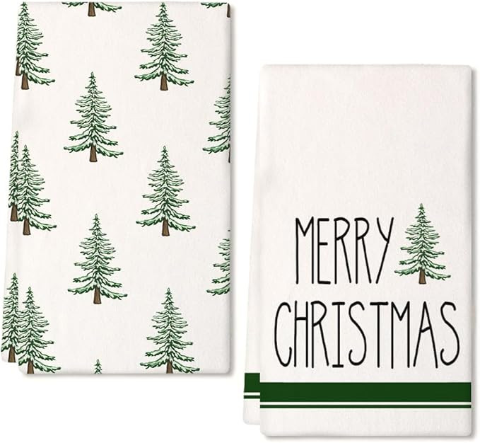 Merry Christmas Kitchen Towels Set of 2,Green Xmas Tree Snow Dish Hand Towels Holiday Home Indoor... | Amazon (US)