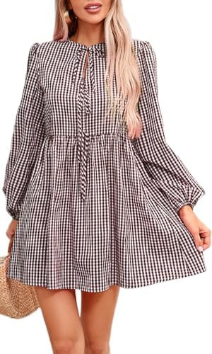 Womens Gingham Dress Cute Long Sleeve Babydoll Flowy Mini Shirt Dress Casual Fall Plaid Clothes w... | Amazon (US)