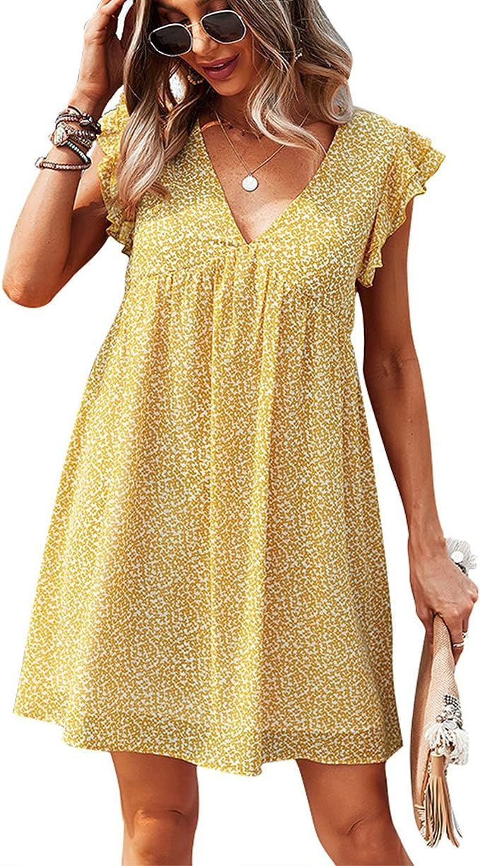 TAMEYA Casual Summer Dresses for Women, Cute Ruffle Sleeves Beach Dress Loose Fit Min... | Amazon (US)