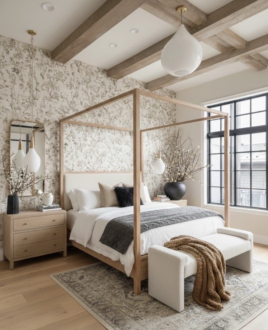 This cozy yet elevated bedroom blends modern organic design with timeless neutrals. The natural oak canopy bed makes a stunning focal point, paired with a textured boucle bedroom bench at the foot for a soft, sculptural touch. Light wood nightstands with brass hardware add warmth and balance to the space, topped with white ceramic table lamps and minimal decor for an airy feel. The floral wallpaper brings subtle texture, while layered linen bedding, neutral throw pillows, and a chunky knit throw create a calm, inviting atmosphere. Finished with a distressed vintage rug and large black accent vase for depth and contrast. 

#LTKHome #LTKSaleAlert