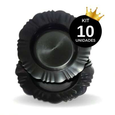 Kit 10 prato pétala fundo com borda preto refeição churrasco festa para lanchonete plástico redondo | SHEIN