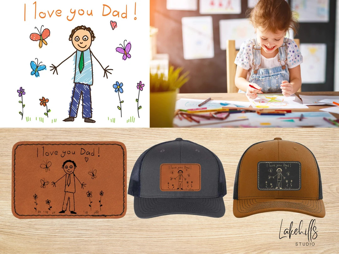 Custom Hats Personalized With Kids Art and Notes Laser-engraved Leatherette Patch Great Gift for ... | Etsy (US)