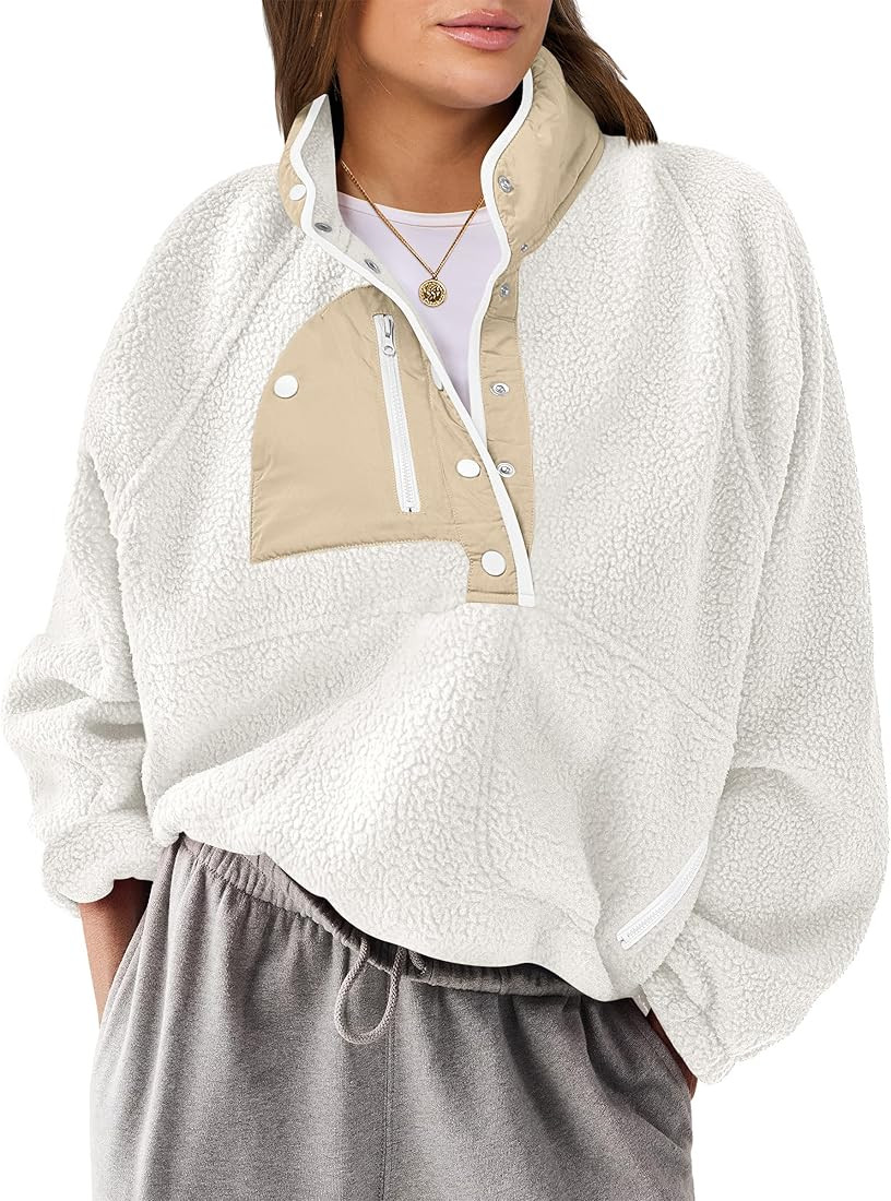 ANRABESS Women Fleece Sherpa Pullover Sweatshirt Cropped Loose Fuzzy Jacket Soft Button Down Wint... | Amazon (US)