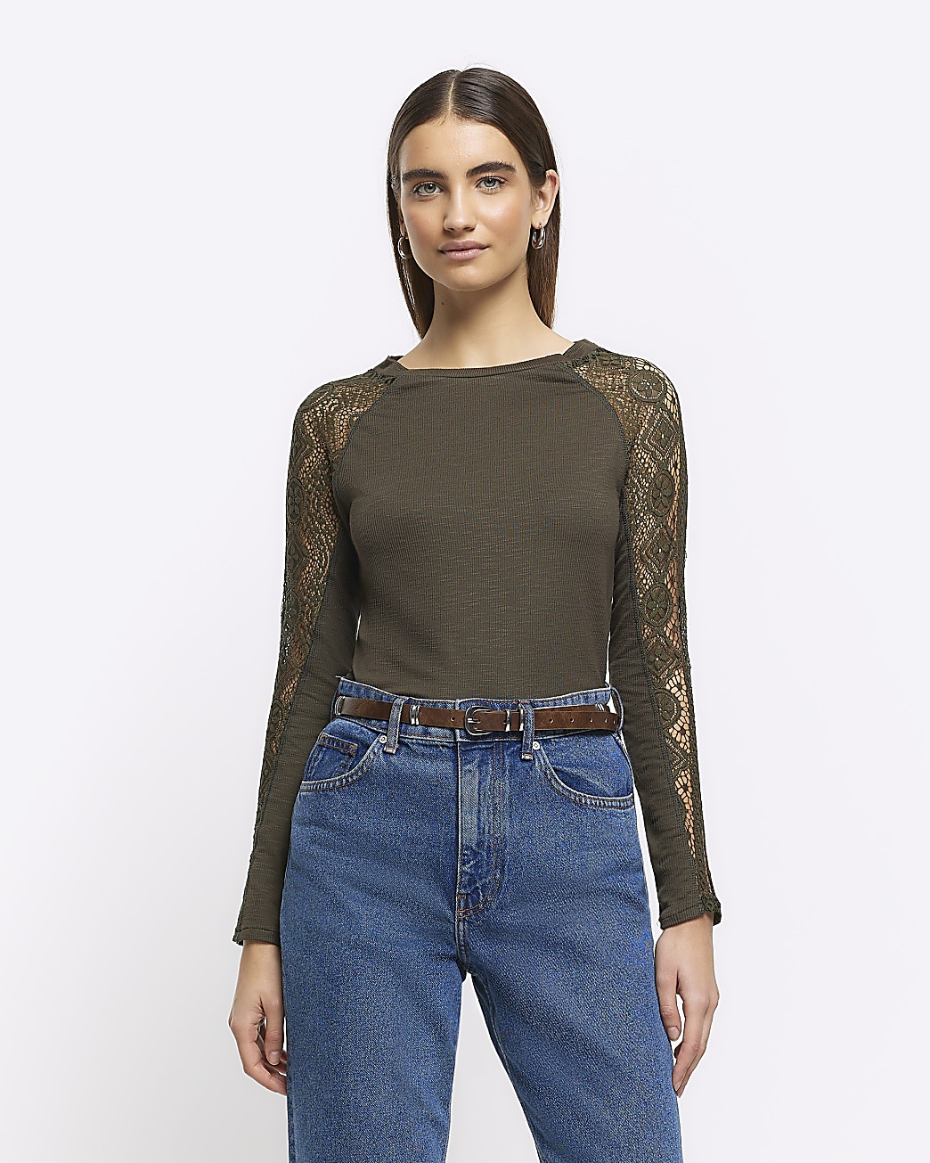 Khaki rib lace long sleeve top | River Island (UK & IE)