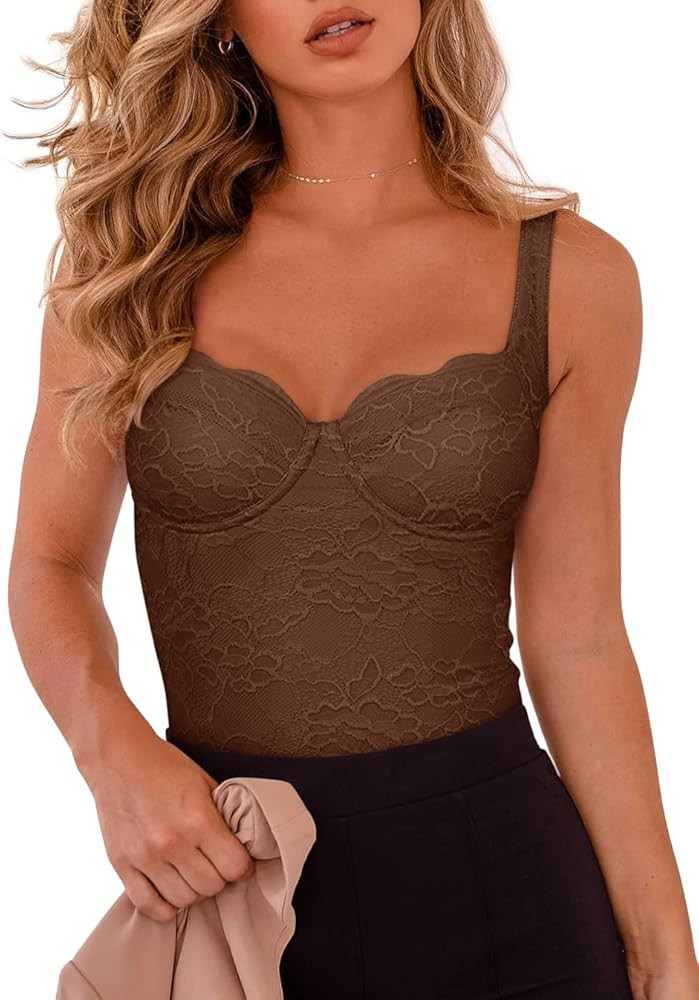REORIA Women's Trendy Summer Sexy Sleeveless Going Out Lace Corset Tank Top Bodysuits | Amazon (US)