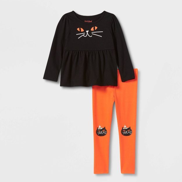 Toddler Girls' Halloween Cat Long Sleeve Top and Leggings Set - Cat & Jack™ Black/Orange | Target