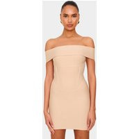 Beige Bandage Corset Detail Off The Shoulder Mini Dress | PrettyLittleThing US