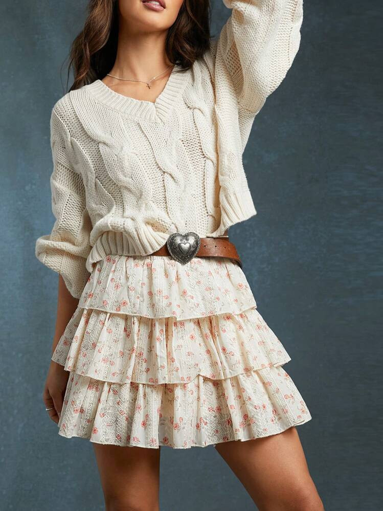 WESTFADE Spring Summer Vacation Floral Printed Eyelet Tiered Ruffle Mini Skirt Western Wear Women | SHEIN