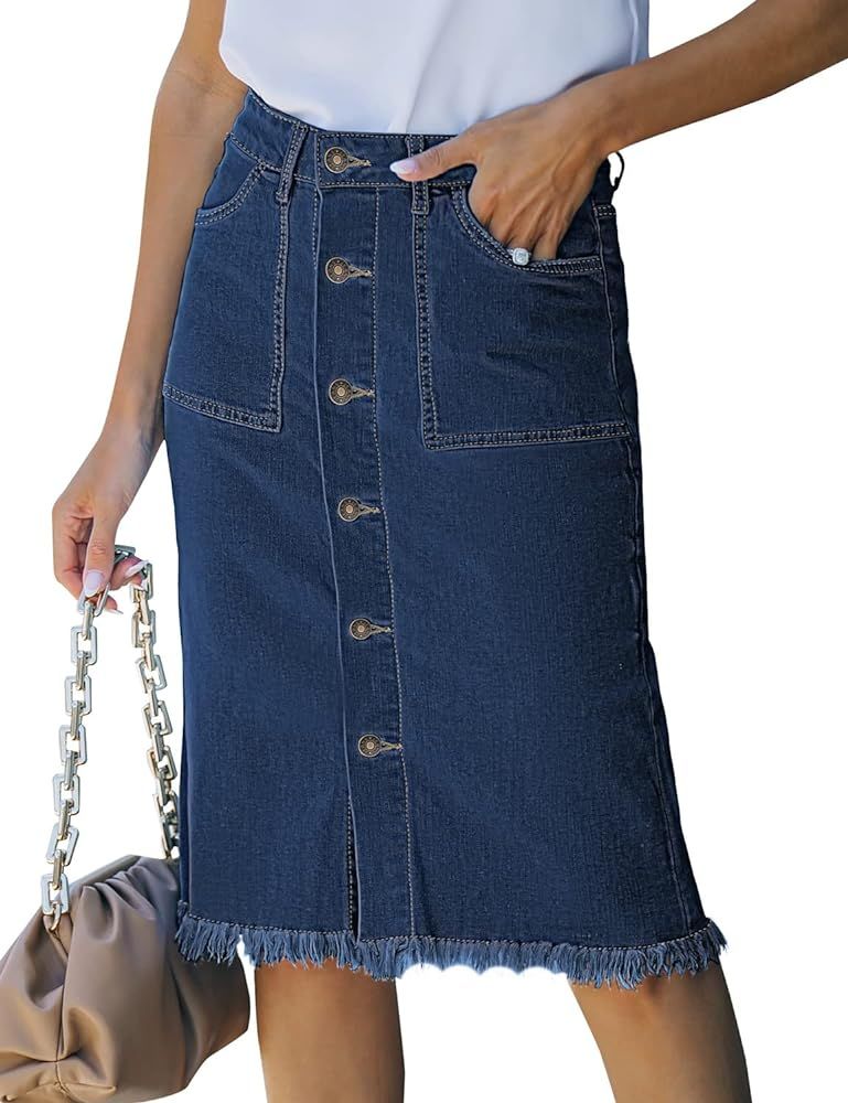 luvamia Women's Casual Mid Rise Button Down Frayed Raw Hem Denim Jean Midi Skirt | Amazon (US)