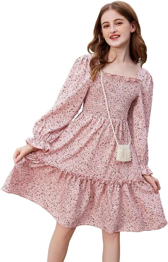 Floerns Girls Floral Print Square Neck Long Sleeve Ruffle Hem A Line Midi Dress | Amazon (US)
