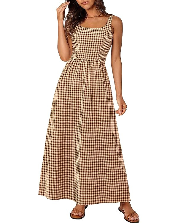 PRETTYGARDEN Women's 2025 Summer Spaghetti Strap Maxi Dresses Plaid Square Neck A Line Casual Bea... | Amazon (US)