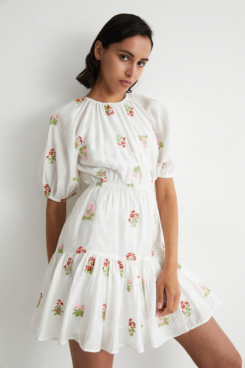 Embroidery Puff Sleeve Mini Dress | Warehouse UK & IE