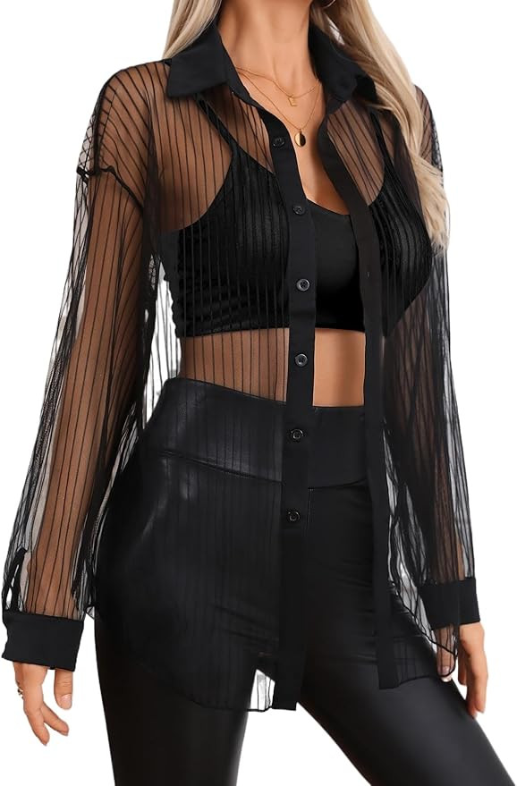 Milumia Women Sexy Oversized Sheer Button Up Blouse Shirt Long Sleeve See Through Mesh Top | Amazon (US)