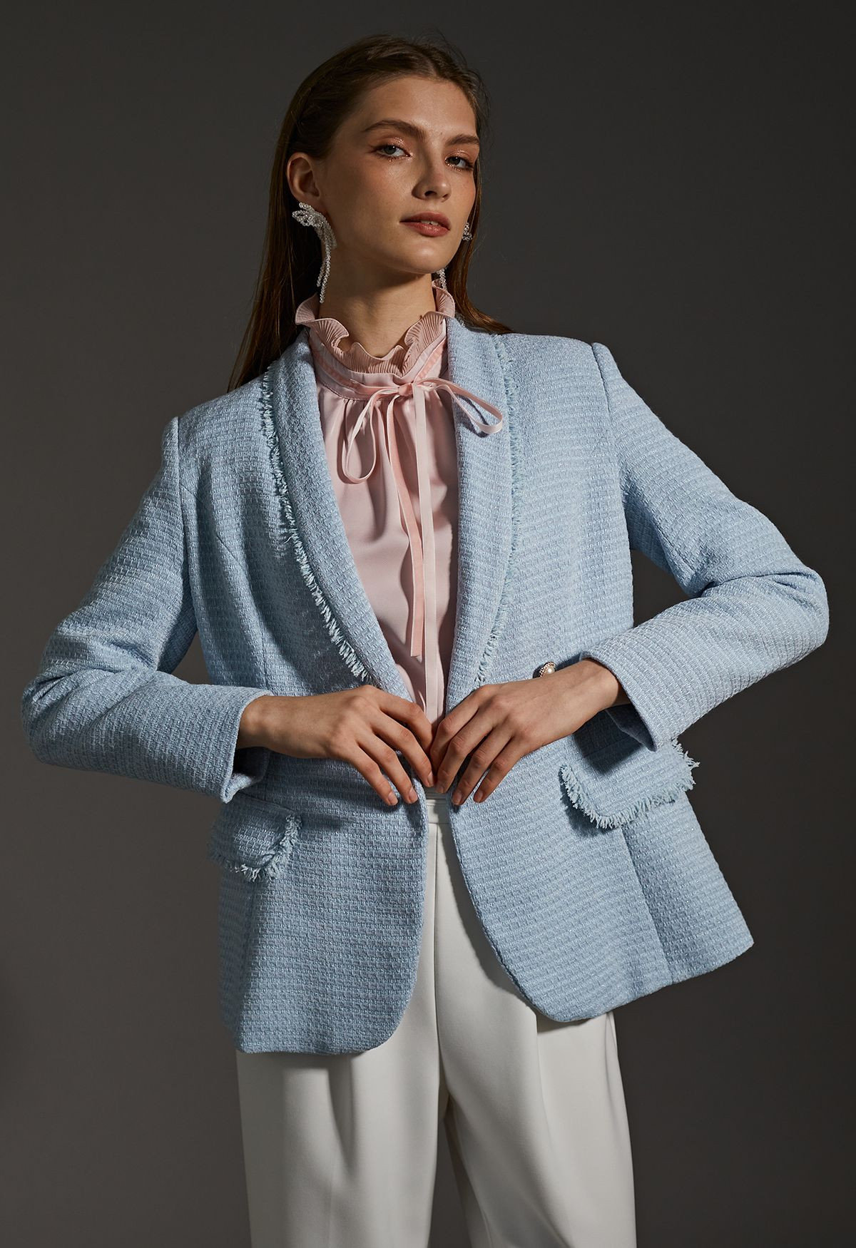 Shawl Collar Fringed Edge Tweed Blazer in Baby Blue | Chicwish