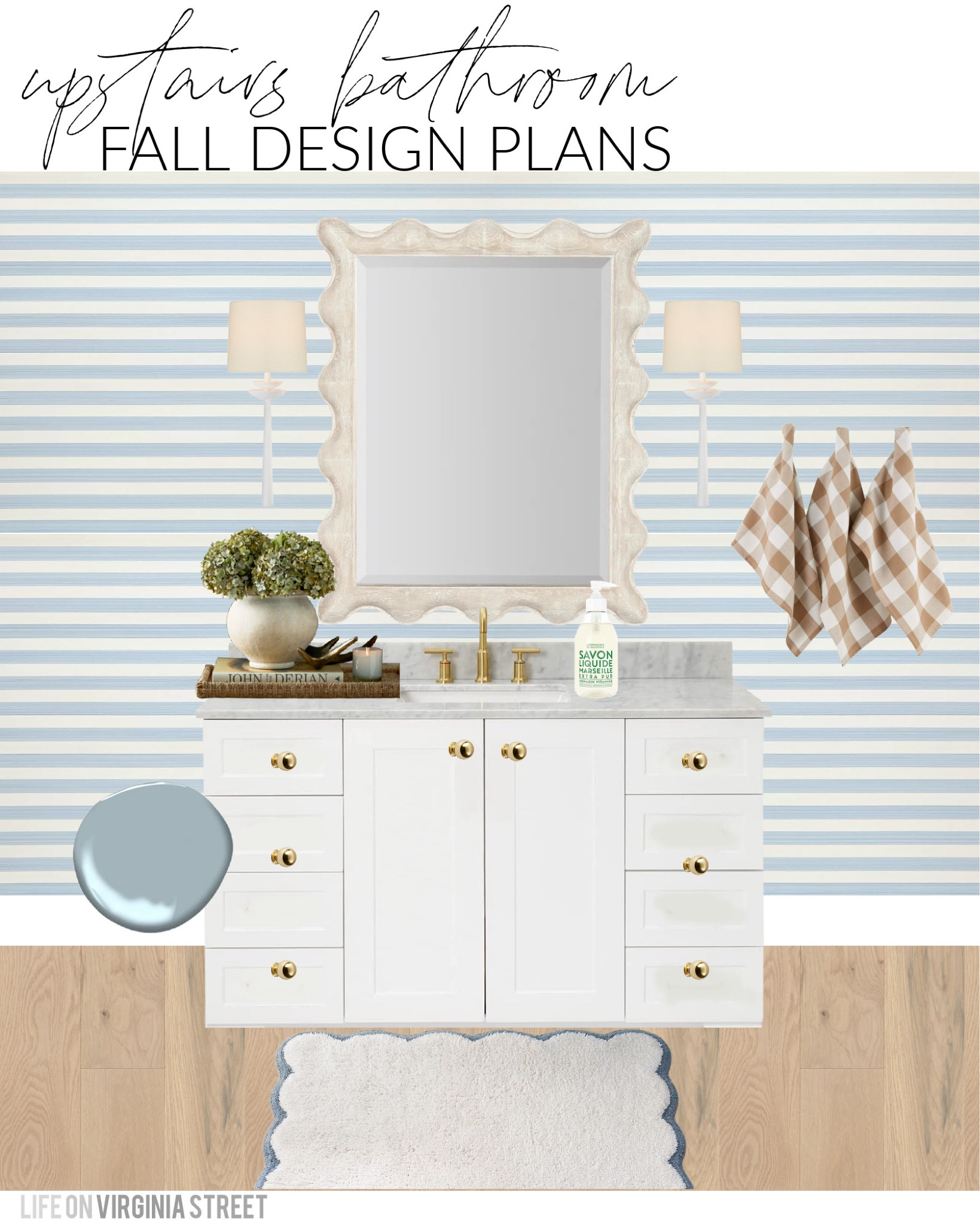 Our light blue bathroom fall design board! Includes fall hydrangeas, gold knobs on our blue cabinets, Rosemary hand soap, scalloped bath mat, blue striped wallpaper and buffalo check hand towels! Also linking our white sconces and scalloped wood mirror. See all of my fall design board here: https://lifeonvirginiastreet.com/2024-fall-design-boards/.
.
#ltkhome #ltkseasonal #ltksalealert #ltkstyletip #ltkfindsunder50 #ltkfindsunder100 coastal decor, fall decorating ideas

#LTKSeasonal #LTKSaleAlert #LTKHome
