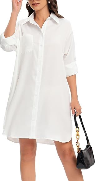 Women's Casual Cuffed Long Sleeve Button Down Shirt Dress Plus Size V Neck Tunic Blouses Tops wit... | Amazon (US)