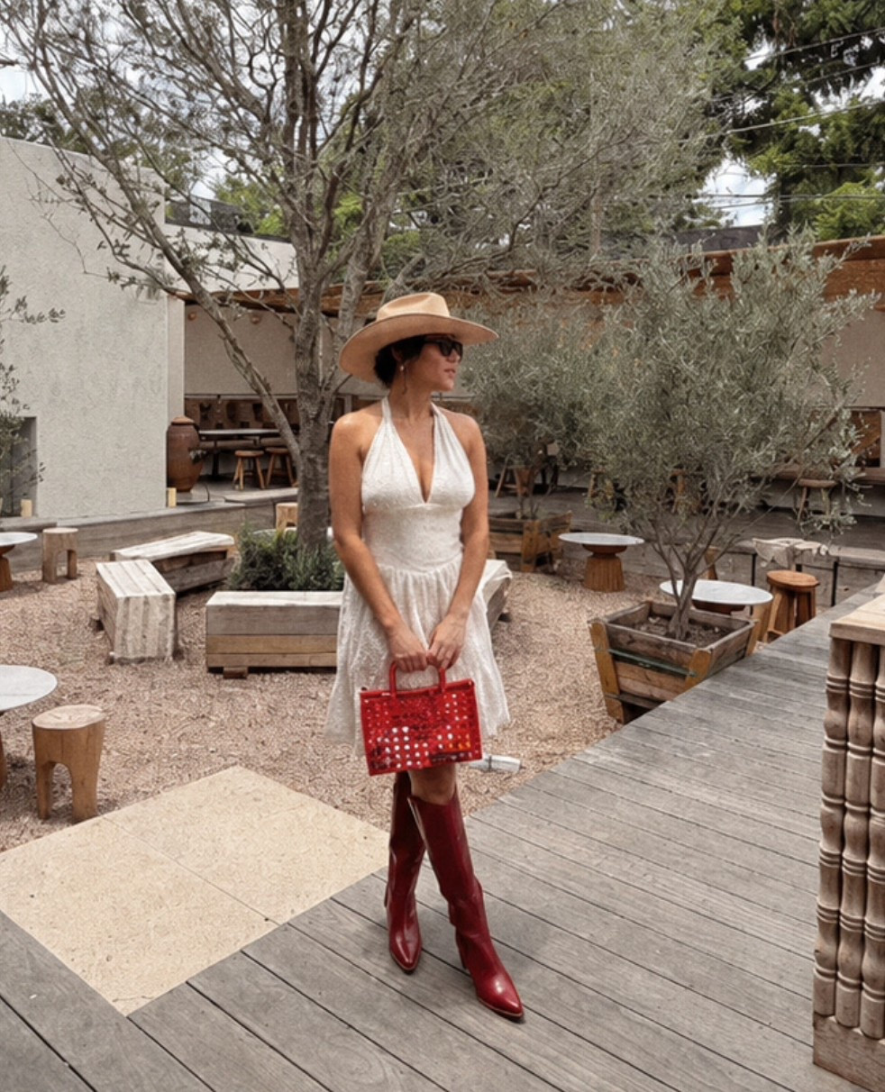 Summer white dress 
Halter dress 
Jelly tote 
Red Cowboy boots
Country concert outfit

#LTKootd #LTKPetite