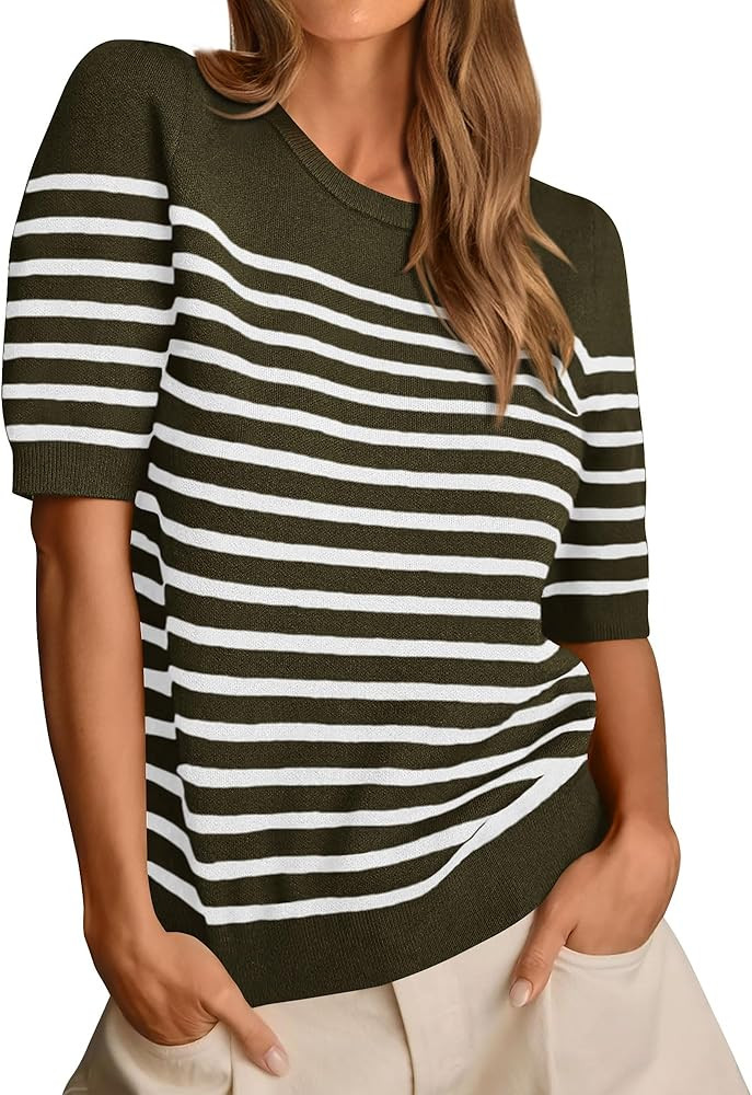 Amkoyam Women's 2024 Short Sleeve Crew Neck T Shirts Casual Striped Ribbed Knit Pullover Sweater ... | Amazon (US)