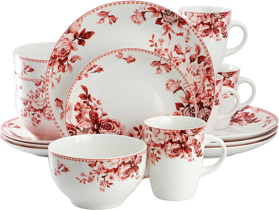 Elama Traditional Rose 16 Piece Porcelain Dinnerwar/Tableware Set, Service for 4 (Red) | Amazon (US)