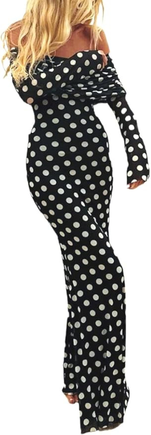 Polka Dot Maxi Dress for Women Long Sleeve Off The Shoulder Maxi Dresses Sexy Mesh Party Dress Go... | Amazon (US)