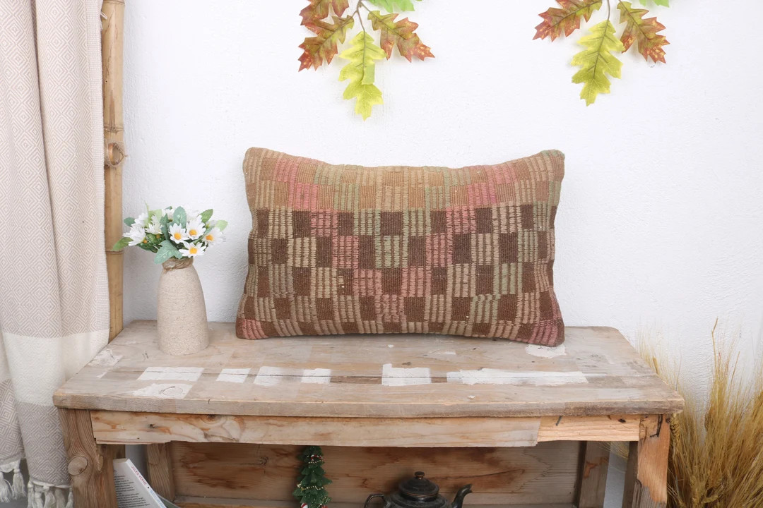 Turkish Pillow, Vintage Kilim Throw Pillow, 12x20 Throw Kilim Pillow, Boho Pillow Sham Cover, Bro... | Etsy (US)