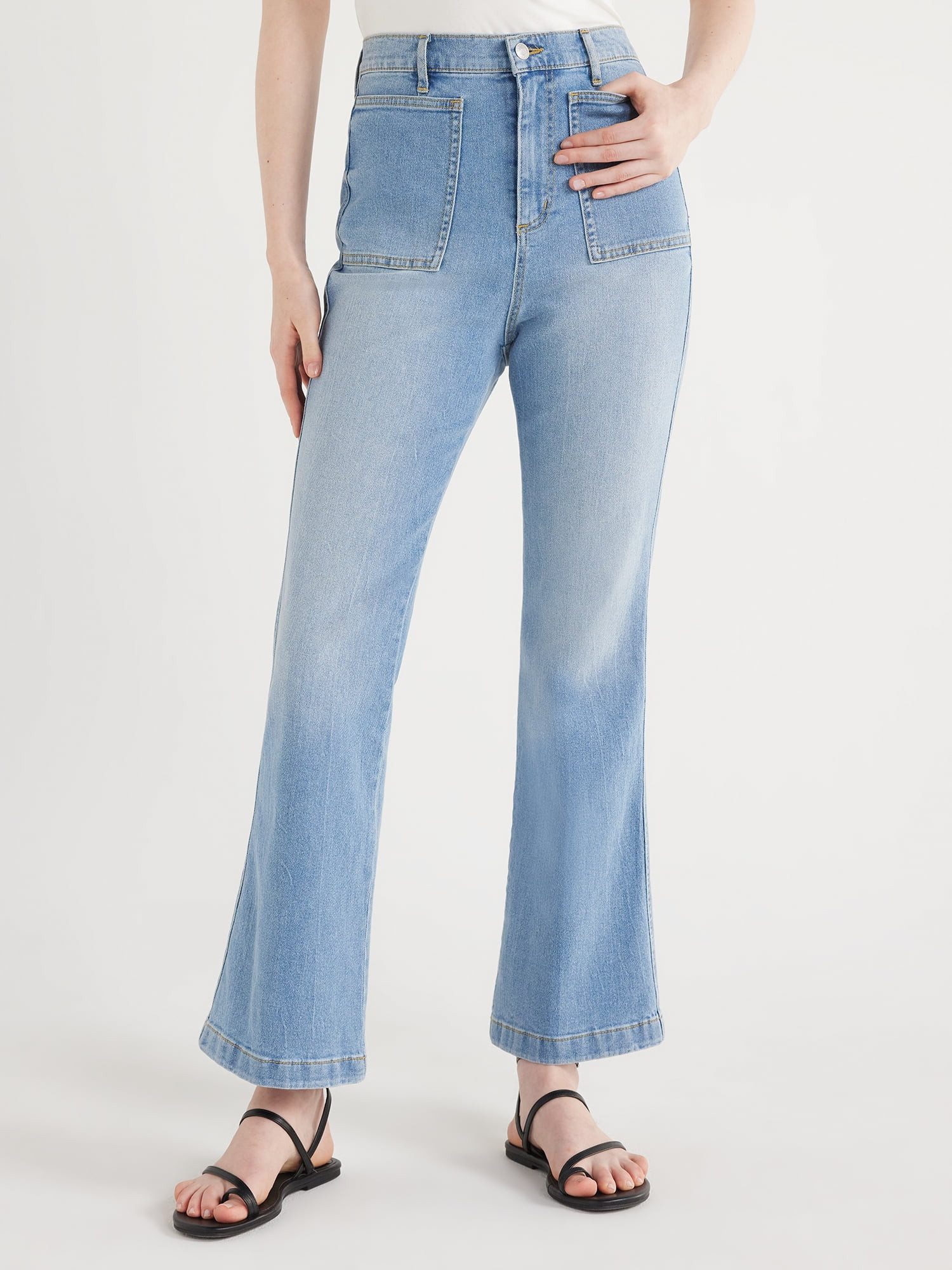 Scoop Women's High Rise Trouser Flare Patch Pocket Jeans, Sizes 0-18 | Walmart (US)