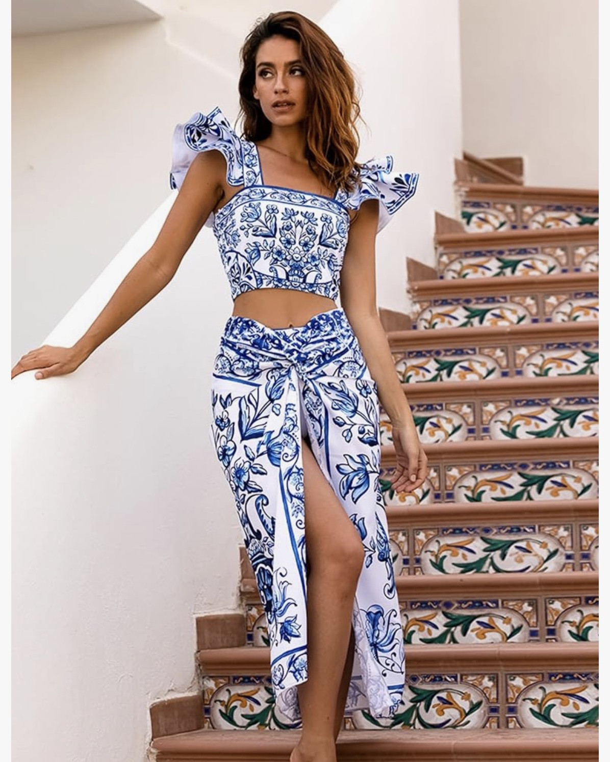 Ruffle Porcelain Pattern Majolica Print Back Elastic Band Bikini Swimsuit and Skirt/Sarong

#LTKSwim #LTKActive #LTKgrwm