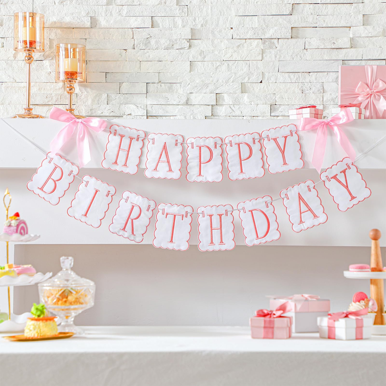 Oudain Pink and White Bow Happy Birthday Banner Garland Pink Bow Birthday Party Decorations Coque... | Amazon (US)