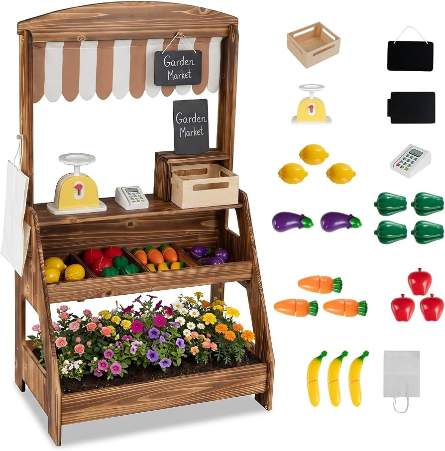HONEY JOY Kids Farmers Market Stand with Planter Box, Fir Wood Outdoor Mud Kitchen & Grocery Stor... | Amazon (US)