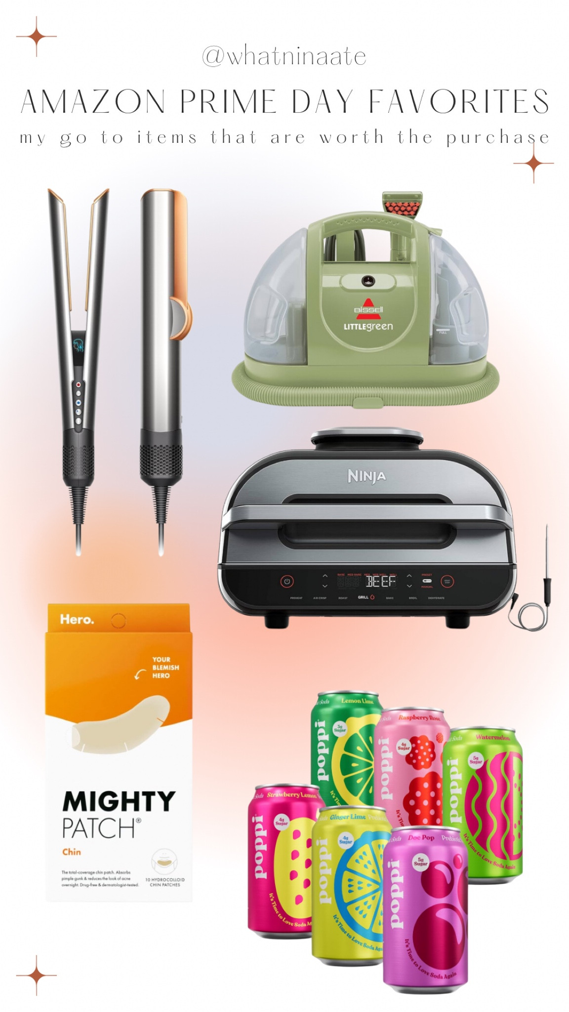 Amazon prime sale favorites 

Bissel Green Machine, Ninja Indoor Grill, Poppi variety pack, DYSON air straight, Mighty Patch pimple patches 

#LTKxPrimeDay #LTKSaleAlert #LTKGiftGuide