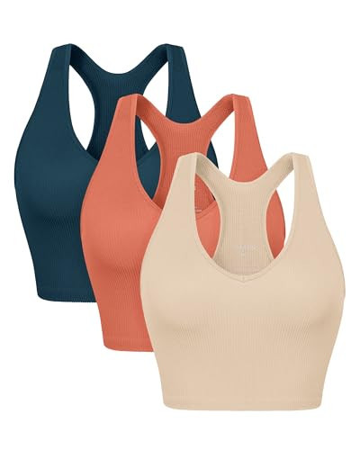 ODODOS 3-Pack Seamless Racerback Crop Tank for Women Ribbed Knit Soft Crop Tops, Beige+Coral+Teal, X-Small/Small | Amazon (US)