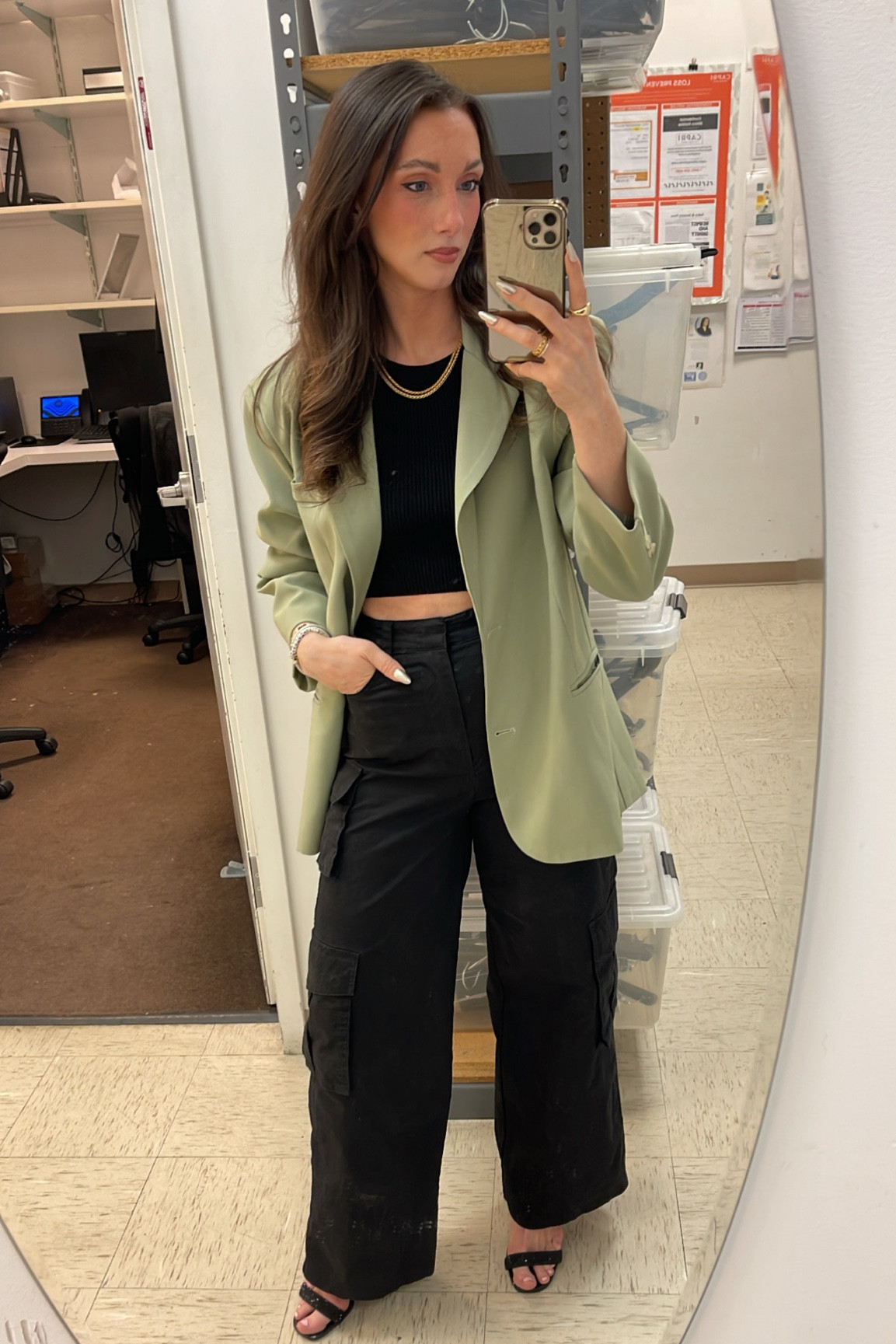 Sage blazer 
Cargo pants crop top 
Sparkle heel 

#LTKstyletip #LTKshoecrush #LTKSeasonal