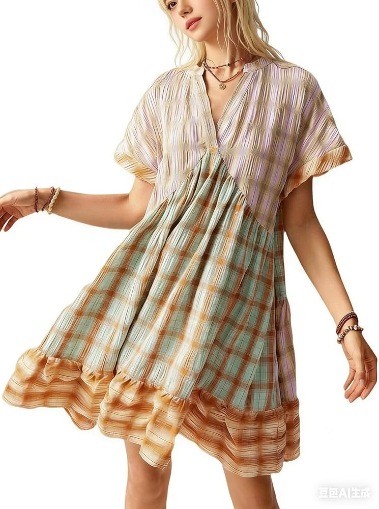 Women Boho Floral Babydoll Mini Dress Y2k Puff Sleeve Ruffle Flowy Short Dress Cute Summer V Neck... | Amazon (US)