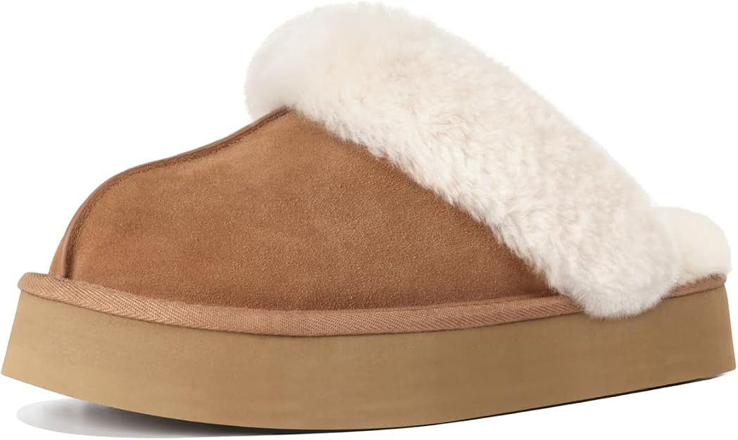 Fuzzy Platform Slippers for Women - Women's Casual Winter House Slippers - Brown, Faux Fur & Shea... | Amazon (US)