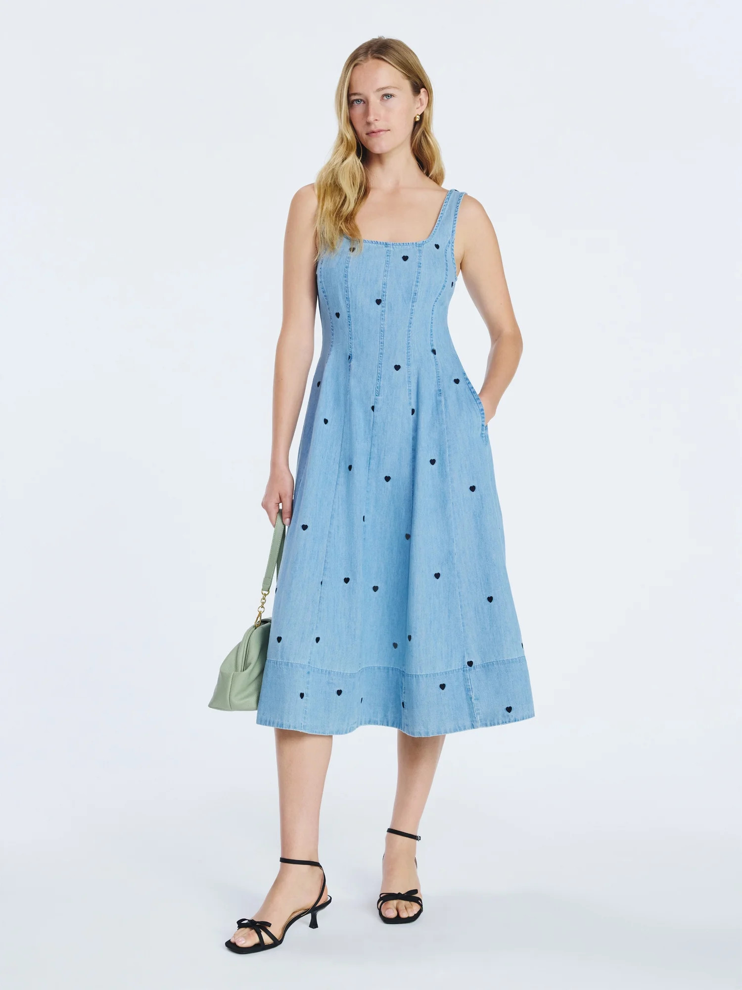 Free Assembly Women's and Women's Plus Embroidered Denim Panel Midi Dress, Sizes XS- 4X | Walmart (US)