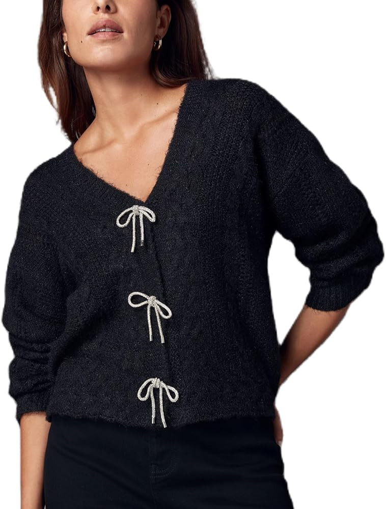 Women Y2K Solid Color Knit Cardigan Long Sleeve V Neck Bow Button Open Front Sweater Top Vintage ... | Amazon (US)