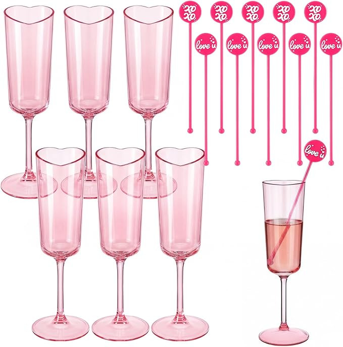 6 Set Galentines Day Heart Shaped Champagne Flutes 6.5 oz Pink Plastic Heart Shaped Champagne Gla... | Amazon (US)