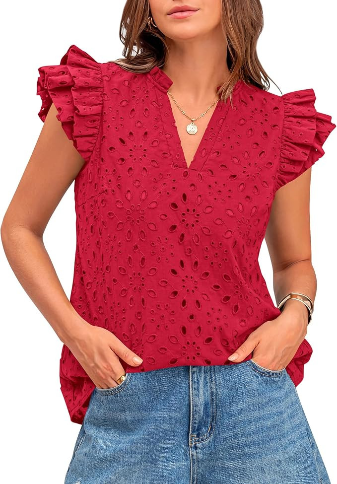 BTFBM Summer Tops for Women 2026 Dressy Casual Embroidered Eyelet Blouses V Neck Ruffle Sleeve Sp... | Amazon (US)