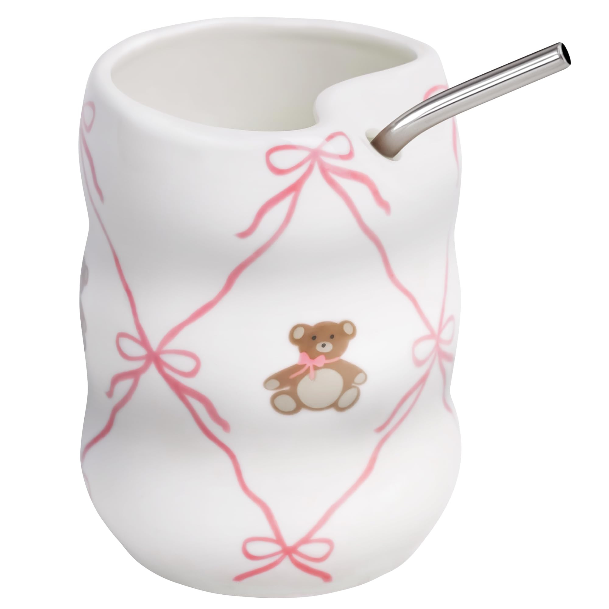 Cute Coffee Mug with Straw, 12oz Cute Bow with Bear Animals Ceramic Mugs, Kawaii Water Cup for Te... | Amazon (US)