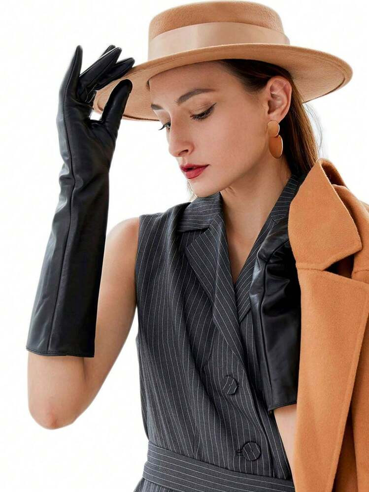 1pair Women's Classic Leather Long Gloves, Touch Screen, PU, Winter, Driving, Warm, Fluffy Lined Glovesy2k | SHEIN
