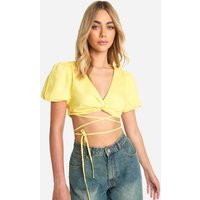 Womens Puff Sleeve Knot Front Crop Top - Yellow - 12 | boohoo (US & Canada)