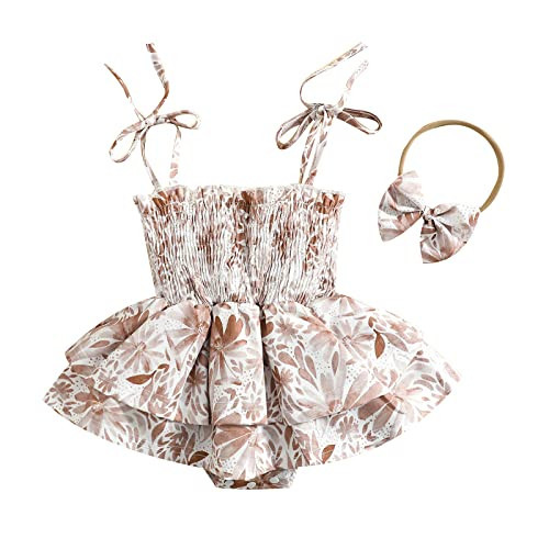 MA&BABY Newborn Girl Floral Dress Romper Outfits Sleeveless Flower Pleated Bodysuit Bow-Knot Headband Set (White-Flower, 0-3 Months) | Amazon (US)
