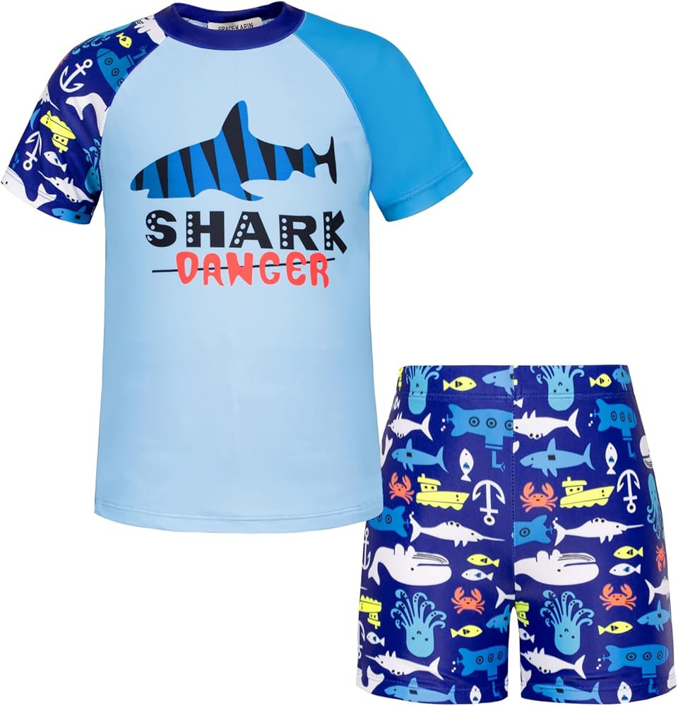 GRACE KARIN Boys Swim Set Swim Trunks and Short Sleeve Rash Guard Bathing Suits 5-12Y | Amazon (US)