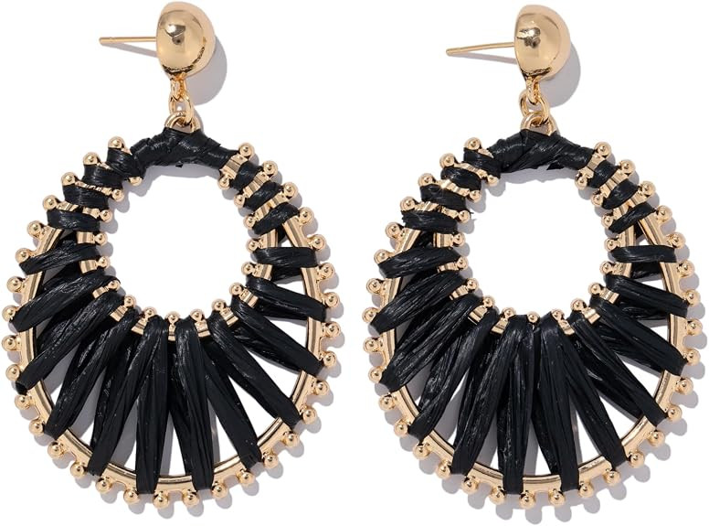 Gold Raffia Dangle Drop Earrings Boho Statement Summer Beach Fun Jewelry | Amazon (US)