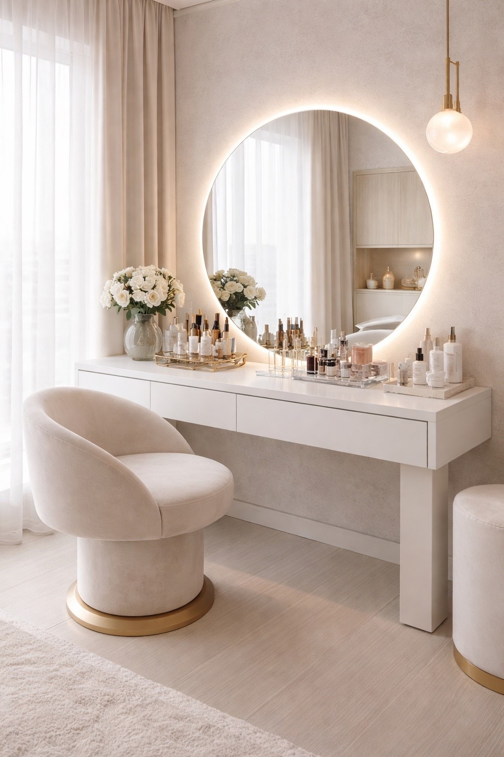 An ultra-modern makeup vanity featuring soft rounded lines, a statement LED mirror, and a dedicated beauty chair.
This elegant setup blends warm neutral tones, minimal design, and curated beauty details — creating a serene and stylish bedroom vanity space.

Save this pin for makeup table ideas, modern vanity inspiration, and luxury bedroom decor.
Shop similar vanity tables, mirrors, chairs, and beauty accessories through my LTK for a curated modern look 🤍
#makeuptable
#vanitytable
#modernvanity
#makeupvanity
#bedroomdecor
#moderninterior
#neutralinterior
#luxuryinteriors
#minimalistdesign
#vanityinspo
#homedecorideas
#ltkhome
#ltkinteriors
#modernliving


#LTKSaleAlert #LTKHome #LTKGiftGuide