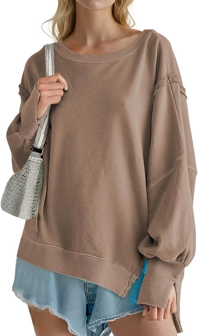MaLinfandor Women's Oversized Sweatshirt Crewneck Long Sleeve Side Split Pullover Shirts Tops Fal... | Amazon (US)