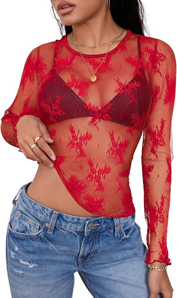 MEROKEETY 2024 Fall Womens Lace Sheer Mesh Long Sleeve Top Crewneck Sexy Y2k See Through Going Ou... | Amazon (US)