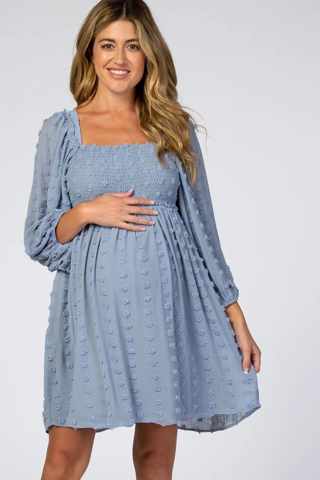 Light Blue Textured Dot Smocked Square Neck Chiffon Maternity Dress | PinkBlush Maternity